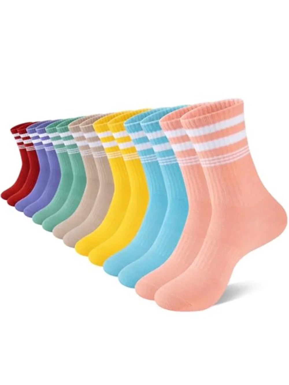 7 Pairs Womens Crew Cotton Socks Casual Breathable Striped Calf Socks